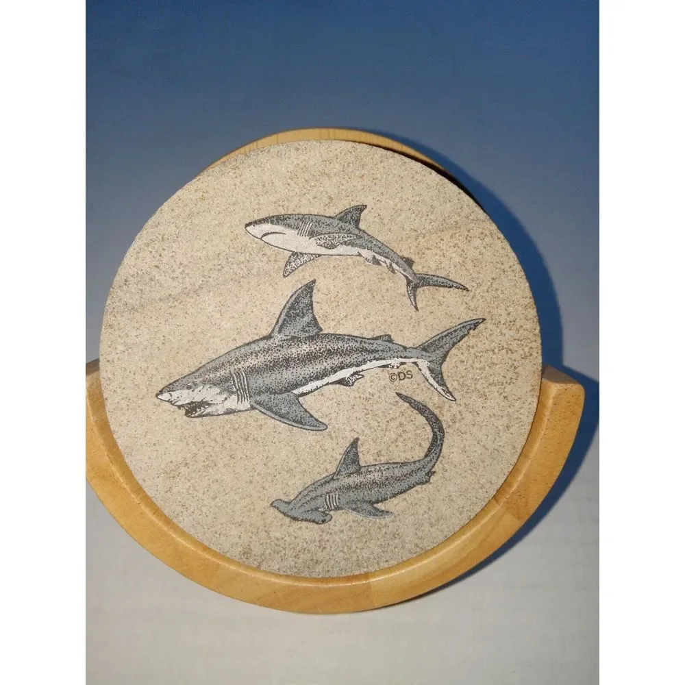 Thirstystone‎ Shark Coasters (4) With Wooden Holder